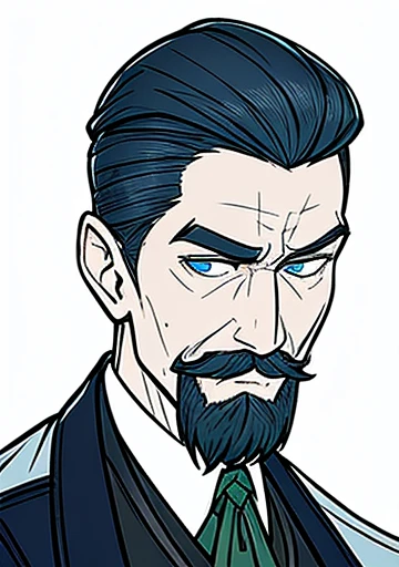 Elderly male, white and tender skin, gray slicked back combed short hair, kaisermustache and a ducktail beard, steel blue eyes, green and slightly mature, serious and emotionless facial expression,wearing traditional butler attire, portrait style, facing f...