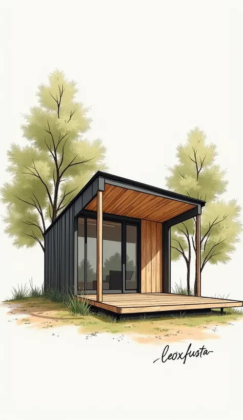 Sketch a hand-drawn design of a Tiny modern house, featuring a wooden and dark metal exterior with clean, geometric lines.  The drawing should focus on the structure with beams and columns.  Include the essential architectural details, such as large window...