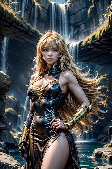 masterpiece,best quality,1girl,yang xiao long, very long blonde  hair, ahoge, purple eyes, large breasts, prosthetic arm, cowboy shot, night, stars, yang xiao long, wearing a gold dress, looking at viewer, standing in entrance to cave, pool, rocks, waterfa...