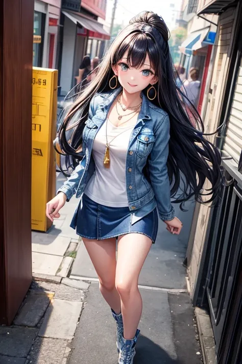  generate a full body image of a woman, 30 years, with long curly hair, looking at the viewer, with detailed eyes, shy smile, wearing a blue denim jacket over a tight white t-shirt, Short skirt, accessories such as necklace and earrings, in a dynamic pose