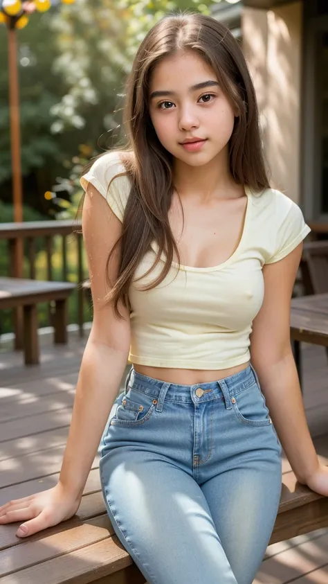 A little young lady (18 years old) with college clothes tight jeans and tight shirt, white skin, long brown hair, medium breasts, Sitting at the table (masterpiece:1.2) (photorealistic:1.2) (bokeh) (The best quality) (deck ) (intricate details) (8K) (HDR-1...