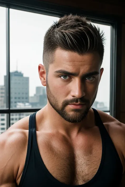 1man, 
a 30 y.o muscular male, small beard, gloomy eyes, blue eyes, undercut haircut, concentrated expression, wearing a tank to...