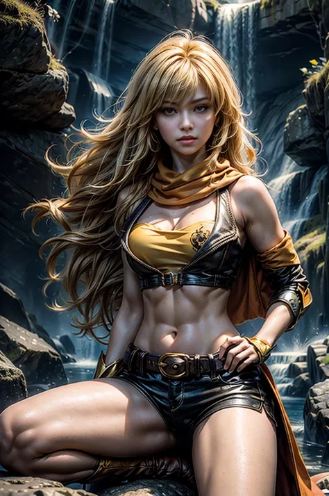 masterpiece,best quality,1girl,yang xiao long, very long blonde hair, ahoge, purple eyes, brown jacket, yellow tube top, black shorts, black fingerless gloves, orange scarf, waist cape, midriff, cleavage, large breasts, prosthetic arm, boots, belt,cowboy s...