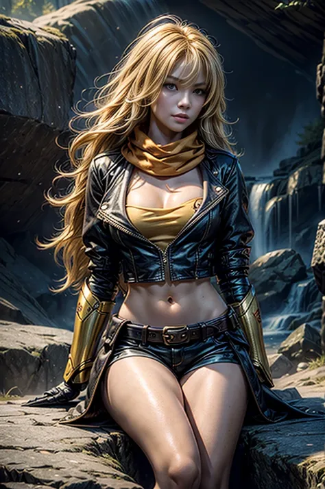 masterpiece,best quality,1girl,yang xiao long, very long blonde hair, ahoge, purple eyes, brown jacket, yellow tube top, black shorts, black fingerless gloves, orange scarf, waist cape, midriff, cleavage, large breasts, prosthetic arm, boots, belt,cowboy s...