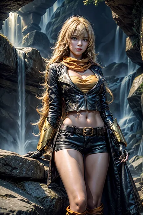 masterpiece,best quality,1girl,yang xiao long, very long blonde hair, ahoge, purple eyes, brown jacket, yellow tube top, black shorts, black fingerless gloves, orange scarf, waist cape, midriff, cleavage, large breasts, prosthetic arm, boots, belt,cowboy s...