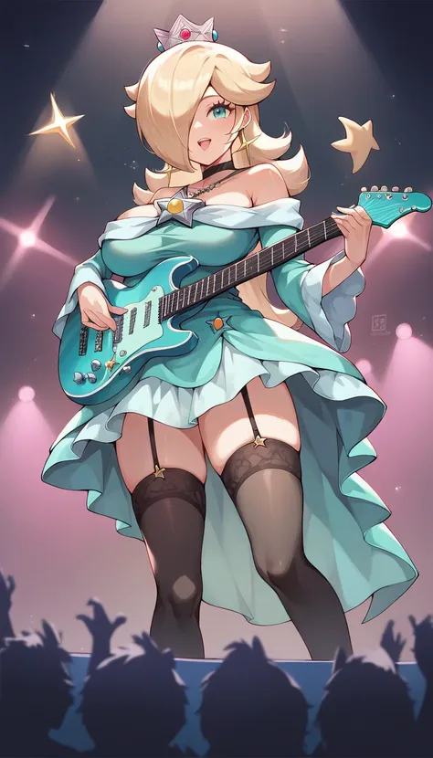 Princess Rosalina, big breasts, (breasts focus), rockstar black outfit, black stockings, playing electric guitar, on stage, on live, concert