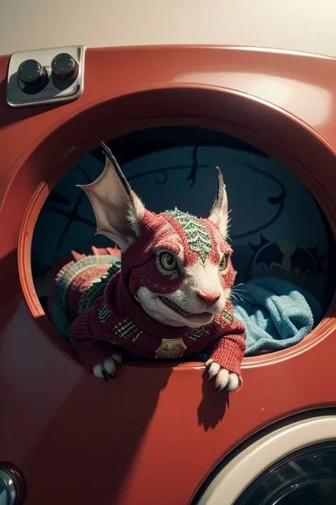 A Bolivian dragon wearing a red Christmas sweater with bells while surfing on top of a washing machine in a sea of low-end ketchup saying I am the future batman I am the future batman I AM THE FUCKING FUTURE BATMAN