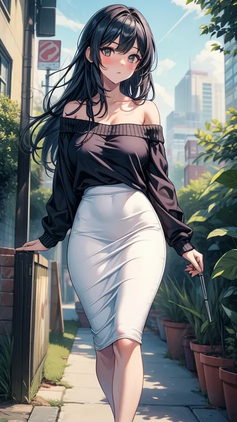 ((((masterpiece, best quality:1.8, high detail)))), (1girl), beautiful woman, bright brown eyes, ((large breasts)), shy, wide-eyed, blush, solo focus, long messy hair, ((dark blue hair)), ((sweatshirt off shoulder)), ((white midi pencil ((skirt)))), ((long...