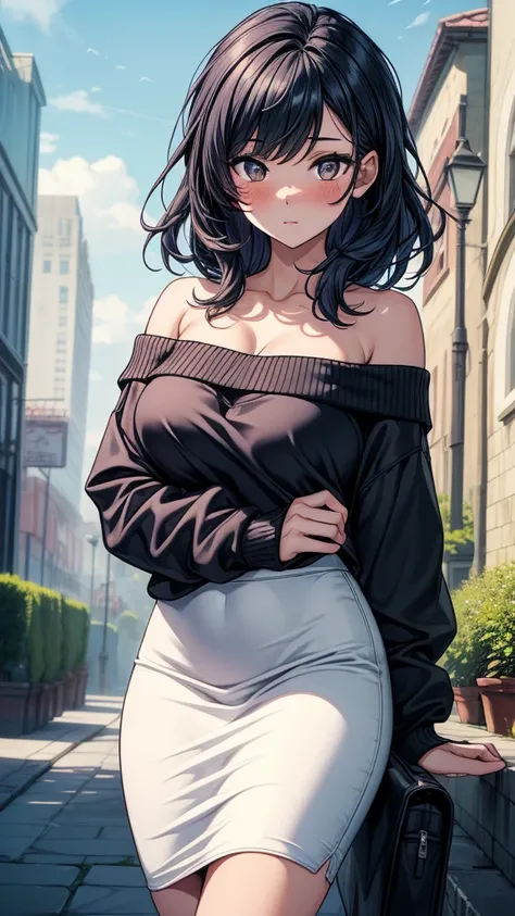 ((((masterpiece, best quality:1.8, high detail)))), (1girl), beautiful woman, bright brown eyes, ((large breasts)), shy, wide-eyed, blush, solo focus, long messy hair, ((dark blue hair)), ((sweatshirt off shoulder)), ((white midi pencil ((skirt)))), ((long...