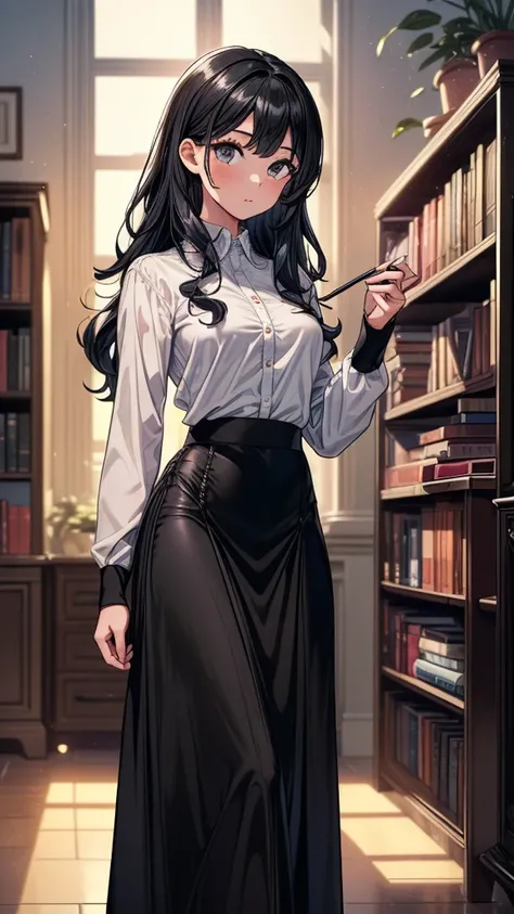 ((((masterpiece, best quality:1.8, high detail)))), (1girl), (beautiful woman), bright eyes, looking at viewer, long wavy hair, (dark blue hair), ((white collar shirt long sleeves)), (long black ((maxi)) skirt), (long black skirt:1.6), (pencil skirt), slim...