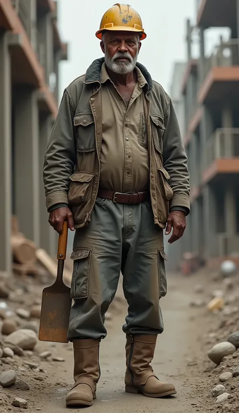 create an image of a 45 year old man with dark skin and a tired look (construction professional with helmet and trowel posing for camera). with full body proportion