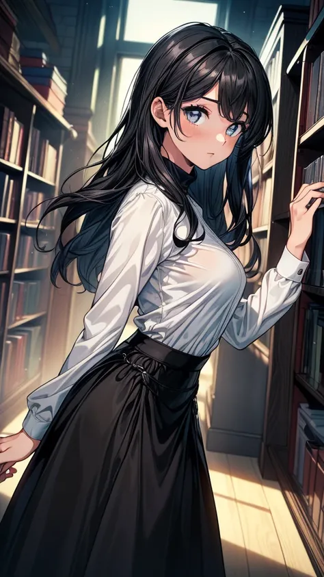 ((((masterpiece, best quality:1.8, high detail)))), (1girl), (beautiful woman), bright eyes, looking at viewer, long wavy hair, (dark blue hair), ((white collar shirt long sleeves)), (long black ((maxi)) skirt), (long black skirt:1.6), (pencil skirt), slim...