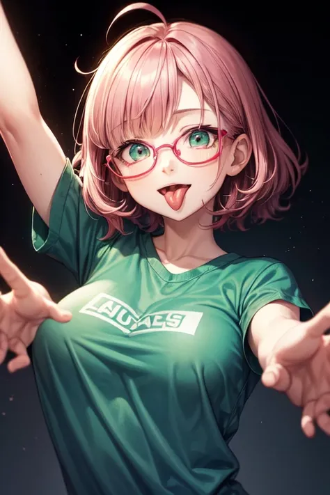  eleven year old , short dark pink hair , large expressive dark green eyes , prescription glasses , upper body , arms stretched out towards the viewer , mouth open and tongue out , looking at the viewer 