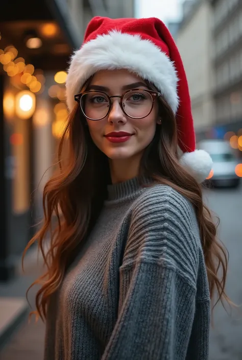 top quality, masterpiece, Hi-Nothing, 1 woman, 20~24 years old, linda , big breasts, Big thick thighs beautiful face, gray sweater, with glasses and Christmas hat, Tyndall effect, photorealistic,  8K uhd, digital SLR camera, high quality, photograph, high ...