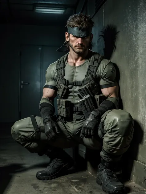 solid snake, from mgs, hiding in the shadows of a military facility, soldiers seeking for him, his waiting heavy armed, full, be...