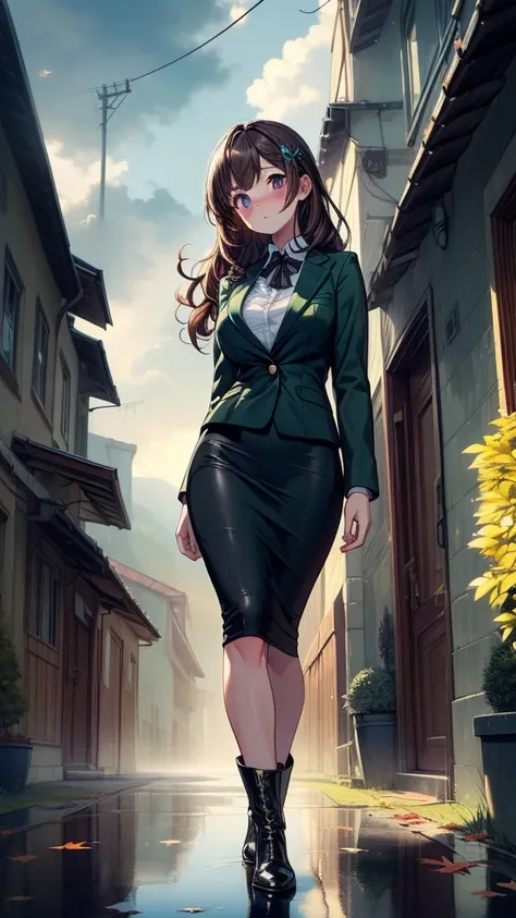 ((((masterpiece, best quality:1.8, high detail)))), (1girl), beautiful woman, bright (purple eyes), large breasts, shy, wide-eyed, blush, solo focus, long (wavy hair), (dark brown hair), (hairpin), ((green blazer)), tie, (black midi pencil ((skirt))), (((l...