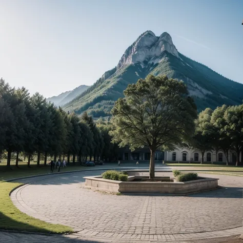 Friends in a square and a beautiful landscape 