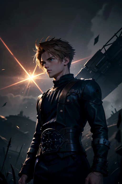 Masterpiece artwork, best qualityer, アニメ, highy detailed, 1 boy, standing alone, holding an epée, russet hair, hair between the eyes, casual clothes, standing, field of battle, Full fathoms of background with HD lighting and dark )<=(epic image quality)dar...