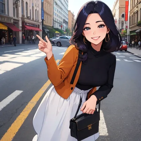 A celebrity wife strolling through the city in autumn、About 40 years old、Eye-catching beauty、Classy celebrity fashion、Hollywood celebrity hairstyle、With a big smile on his face, he was having fun despite his age.、Looks like a lot of fun、