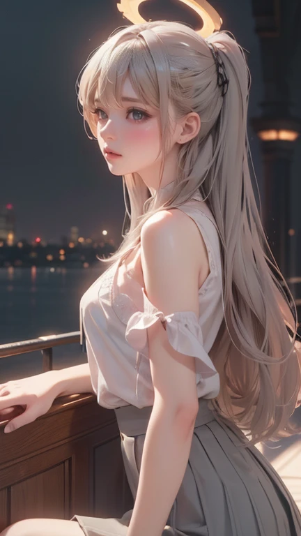 highly detailed, 【8k, masterpiece, 1 girl, Gray two-tone_hair, skirt , , (Perfect_Face), gorgeous, complex, dramatic lighting, 4K, detailed_background, halo, portrait, , from_side  