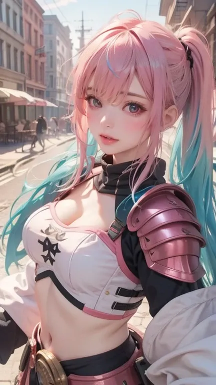 best quality, 4K, masterpiece, Very detailed, Highly detailed, 1 girl, alone, Perry, blue hair, Hair on one eye, multi color hair, Twin ponytails, pink hair, red eyes, Two-tone hair, armor, Smile, burning city background