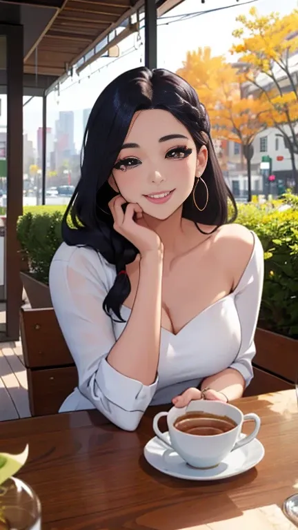 Autumn in the city、A celebrity wife relaxing on a stylish cafe terrace、About 40 years old、Eye-catching beauty、Natural Makeup、Classy celebrity fashion、Celebrity hairstyles、With a big smile on his face, he was having fun despite his age.、Looks like a lot of ...