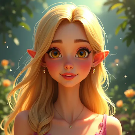 Generate a Disney-Pixar style portrait of a young woman with yellow eyes, blonde long hair, oval face, small nose, full lips, small ears, and no wrinkles.
