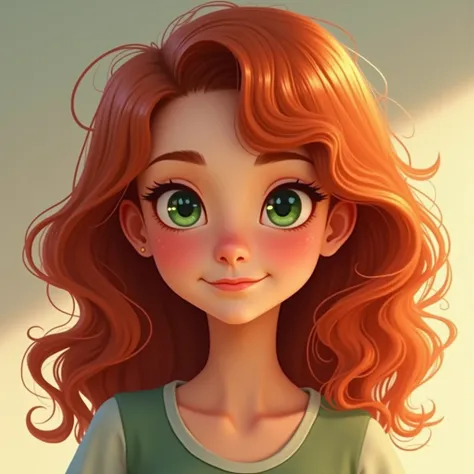 Generate a Disney-Pixar style portrait of a young woman with green eyes, red curly hair, oval face, small nose, full lips, small ears, and no wrinkles.
