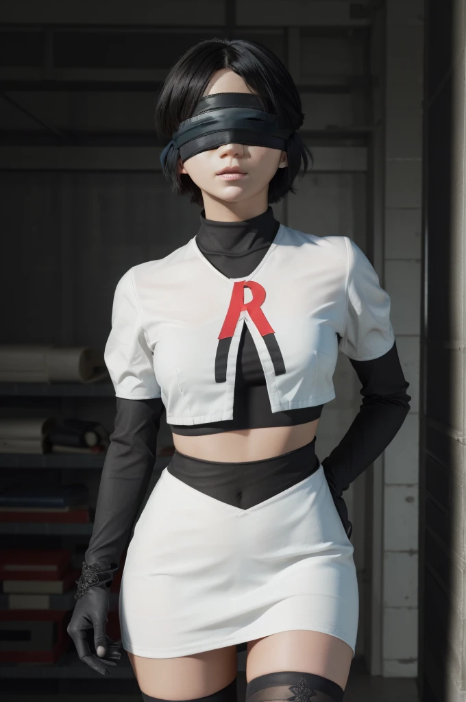 2b, 2b, (black blindfold:1.5), black hair band, blindfold, hair band, short hair, white hair,
to break hair band, robot, Team Rocket,Team Rocket uniform, red letter R, White skirt,short white blouse,black thigh-highs,black elbow gloves,
to break looking at...