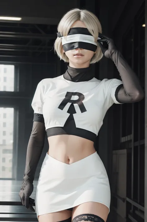 2b, 2b, (black blindfold:1.5), black hair band, blindfold, hair band, short hair, white hair,
to break hair band, robot, Team Rocket,Team Rocket uniform, red letter R, White skirt,short white blouse,black thigh-highs,black elbow gloves,
to break looking at...