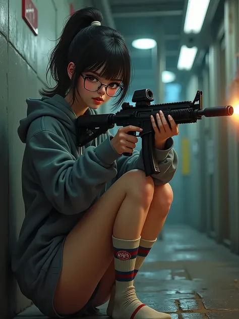 (flirting girl  show Uzi-gun), ponytail haircut, glasses,  oversized hoodie, slim, different socks on legs, ((Located in tokyo underground, light off)), detailde, good quality