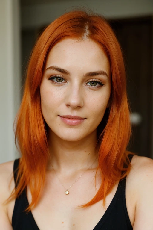 Eye contact of a beautiful 26 years old woman with orange hair and realistic skin, black roots