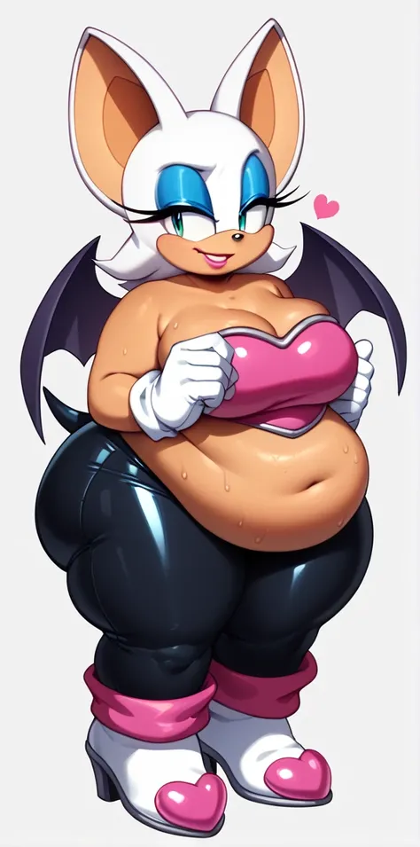 1girl, , anthro,  focus, snout, long snout, long ears, blob, hyper_fat, gigantic_belly, fat face, chubby cheeks, double chin, blob, fat arms, wide angle, solo, , ,chest tuft, long tail, ,moobs, female ,
furry,Rouge the bat, makeup, green eyes, bat ears, wh...