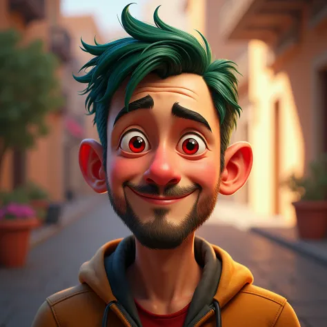 Generate a Disney-Pixar style portrait of a [man] [40yo] with [red color] eyes, [green color] [very short] hair, [long] face, [small] nose, [small] mouth, [small] ears, and [] wrinkles. beard
