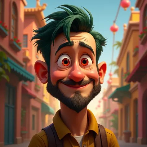 Generate a Disney-Pixar style portrait of a [man] [40yo] with [red color] eyes, [green color] [very short] hair, [long] face, [small] nose, [small] mouth, [small] ears, and [] wrinkles. beard
