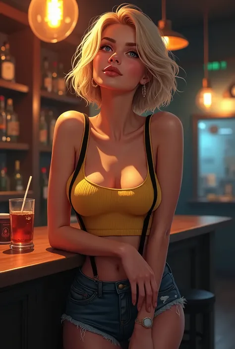 （Best Quality），American Woman，Shortcut hair, Yellow knit tank top，Thin black suspenders，Denim hot pants，Perfect Face，bar，Elbows on the counter，A faint smile，Tilt your face to look up, Blonde, Large Breasts, Soft Light, Red eyes, Bright Eyes, Light blush, S...