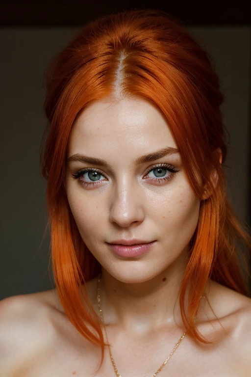 Eye contact of a beautiful 26 years old woman with orange hair and realistic skin, black roots, Only Fans model, hyper realistic, 8k, real life photo