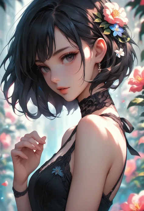 score_9, score_8_up, score_7_up, score_6_up, 1girl, solo, black hair, short hair, flower, black eyes, upper body, chromatic aberration, looking at viewer, blurry, from side, breasts, sleeveless, choker, parted lips, bangs, bare shoulders, dress, own hands ...