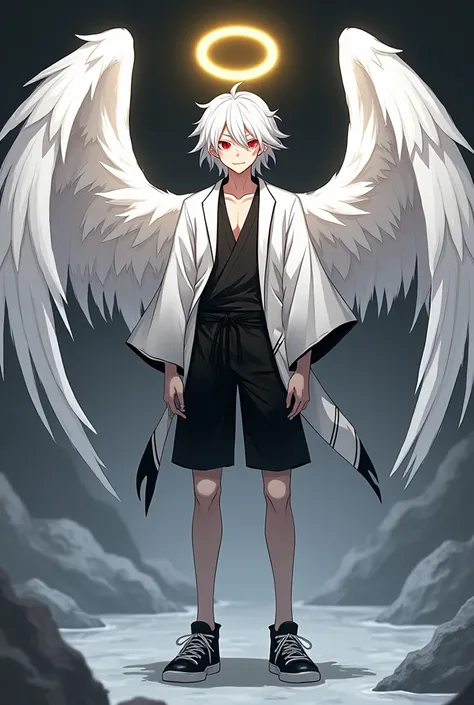 
 Male Blood red eyes White hair Hairstyle: disheveled hair, some lie on the face, ear length.
Body type:Ectomorph. Fit, slightly pumped up, height 180 cm, pale skin.
White Angel Wings, yellow halo above head.
With a mocking smile Wears a white men&#39;s h...