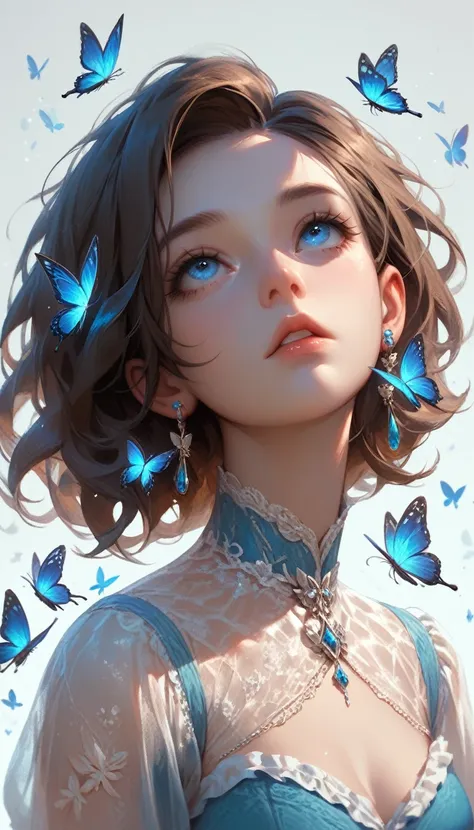 score_9, score_8_up, score_7_up, score_6_up, bug, solo, short hair, butterfly, 1girl, looking up, blue eyes, parted lips, jewelr...