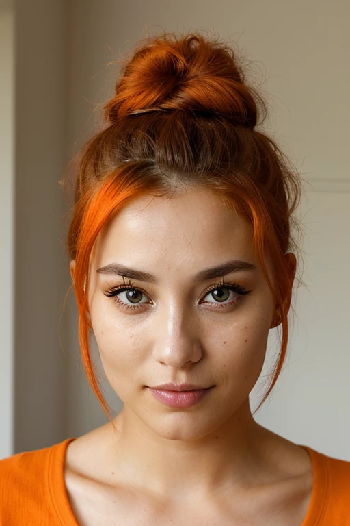 Eye contact of a beautiful 26 years old woman with orange bun hair and realistic skin, black roots, Only Fans model, black eyes