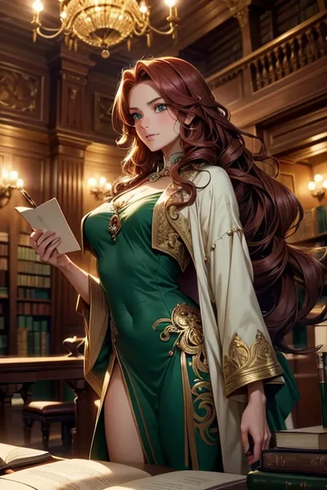 "4K anime style quality, digital drawing mode, literature-themed female professor, long auburn hair in soft waves tied back with a quill-shaped pin, glowing emerald green eyes filled with wisdom and creativity, wearing a flowing burgundy dress with elegant...