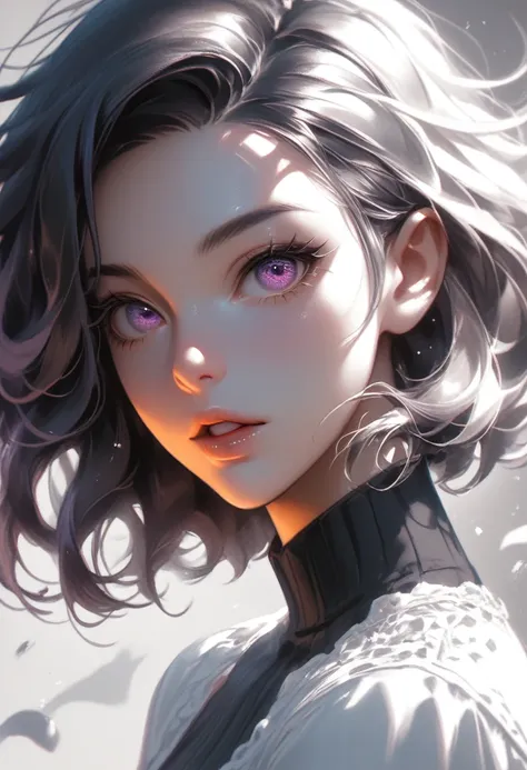 score_9, score_8_up, score_7_up, score_6_up, solo, 1girl, monochrome, short hair, spot color, multicolored eyes, greyscale, portrait, floating hair, parted lips, grey background, looking at viewer, shadow, open mouth, chromatic aberration, eyelashes, simpl...