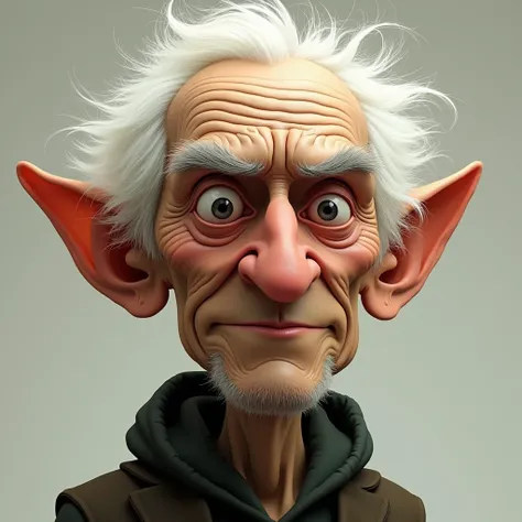 Generate a Disney-Pixar style portrait of an elderly man with black eyes, white extrem long hair, oval face, large nose, thin lips, mad mood, small ears, and deep wrinkles.
