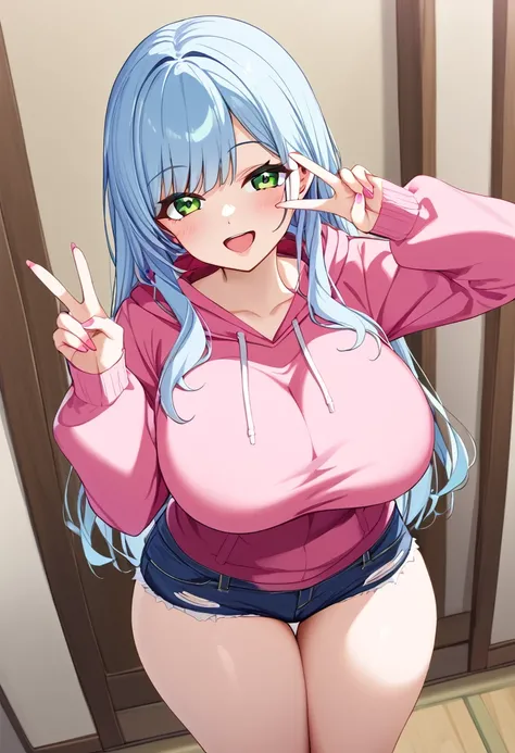 Second Dimension、pretty girl、Older sister、From above、、Light blue hair、Long Hair、Pink Mesh、smile、Open your mouth、green eyes、Pink hoodie、Big Breasts、Peace sign、Short jeans、Thick thighs、room、