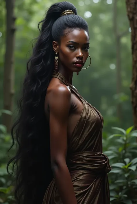 African goddess, only long hair, Hair Ornament,bijou, Queue-de-Cheval,un robe très jolie élégante Résolution Haute, Best Quality, HD model, Realism, ntier debout dans un forêtTresse, Black Hair, Very Long Hair, Parted Lips, Makeup, furrowed eyebrows, happy...