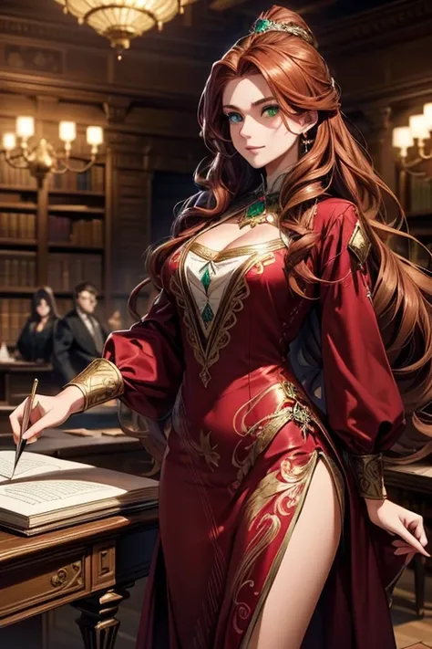 "4K anime style quality, digital drawing mode, literature-themed female professor, long auburn hair in soft waves tied back with a quill-shaped pin, glowing emerald green eyes filled with wisdom and creativity, wearing a flowing burgundy dress with elegant...