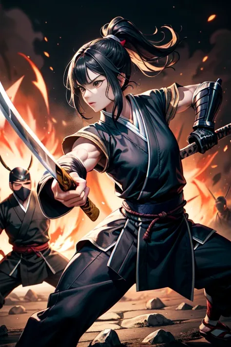 One Girl, warrior,Japanese sword,anime,Anatomically correct, A series of character actions, Ninja,ponytail, masterpiece, Textured Skin, Action Painting, Surrounded by enemies,battle,Flaming Sword