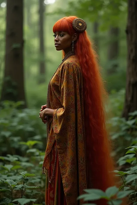 African goddess, only long hair, Hair Ornament,bijou, Queue-de-Cheval,un robe très jolie élégante Résolution Haute, Best Quality, HD model, Realism, ntier debout dans un forêt, Very Long Hair, Makeup, furrowed eyebrows, happy, straight bangs, red hair, 