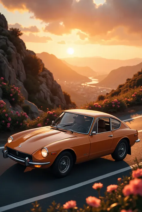 an award-winning masterpiece of visual delight, featuring a car driving into the sunset along a winding mountain road lined with...